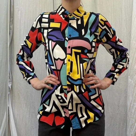 Multicolored Abstract Print Button Down Blouse Big Dart S/M Retro Bold Unique - Picture 4 of 6